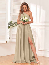 Modern One Shoulder Lace-Up Back Slit Chiffon Bridesmaid Dresses