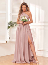 Modern One Shoulder Lace-Up Back Slit Chiffon Bridesmaid Dresses
