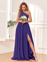 Modern One Shoulder Lace-Up Back Slit Chiffon Bridesmaid Dresses
