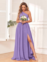 Modern One Shoulder Lace-Up Back Slit Chiffon Bridesmaid Dresses
