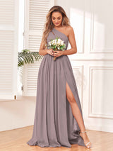Modern One Shoulder Lace-Up Back Slit Chiffon Bridesmaid Dresses