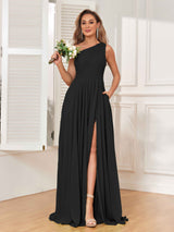 Modern One Shoulder Slit Chiffon Bridesmaid Dresses with Pockets