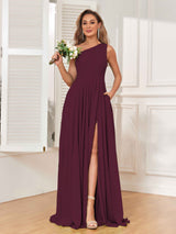 Modern One Shoulder Slit Chiffon Bridesmaid Dresses with Pockets