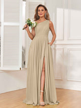 Modern One Shoulder Slit Chiffon Bridesmaid Dresses with Pockets