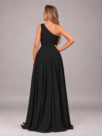 Black Modern One Shoulder Slit Chiffon Bridesmaid Dress with Pockets