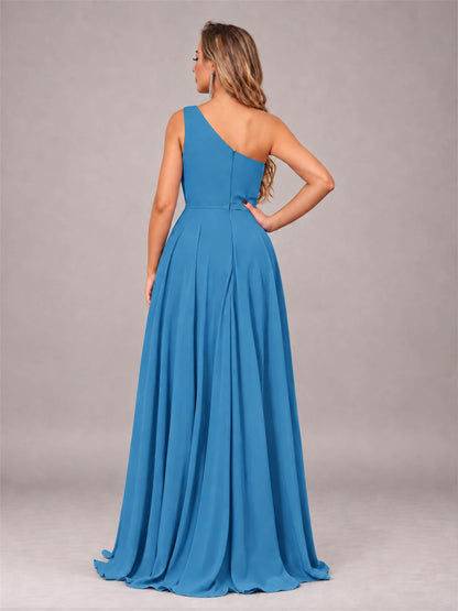 Blue Modern One Shoulder Slit Chiffon Bridesmaid Dress with Pockets