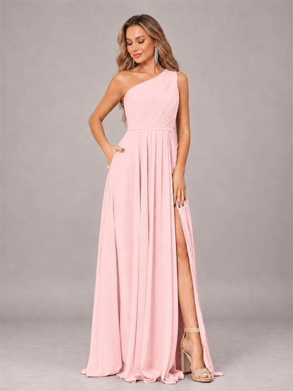 Blush Pink Modern One Shoulder Slit Chiffon Bridesmaid Dress with Pockets