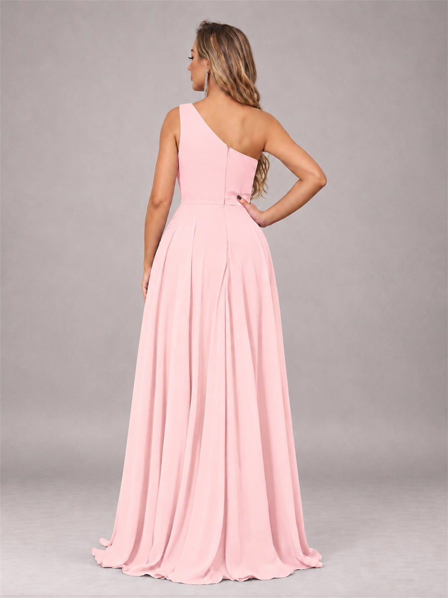 Blush Pink Modern One Shoulder Slit Chiffon Bridesmaid Dress with Pockets