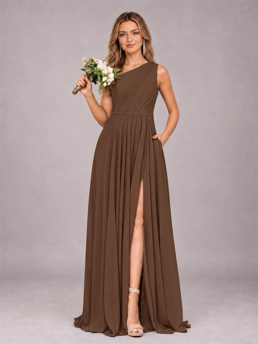 Brown Modern One Shoulder Slit Chiffon Bridesmaid Dress with Pockets