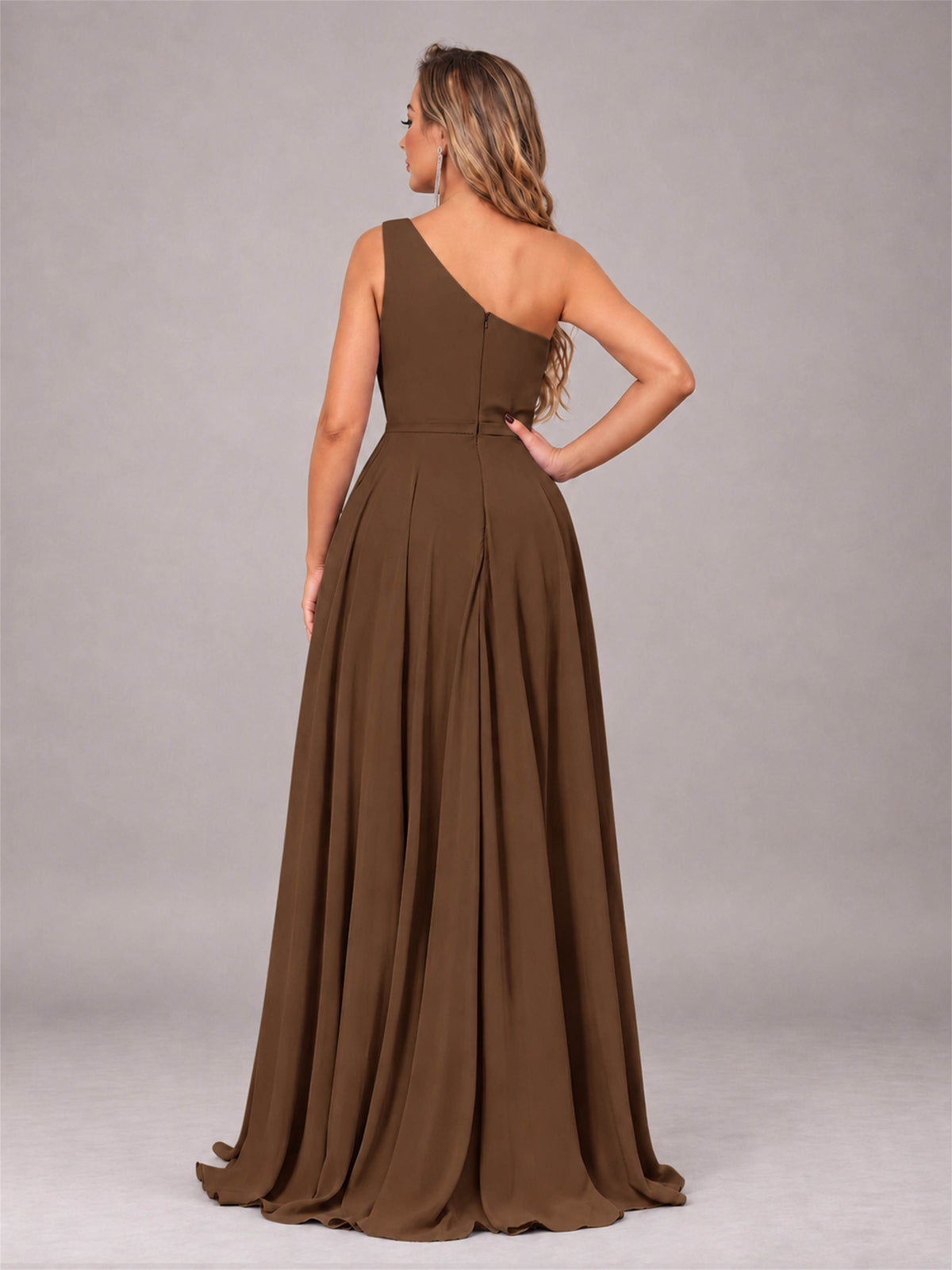 Brown Modern One Shoulder Slit Chiffon Bridesmaid Dress with Pockets