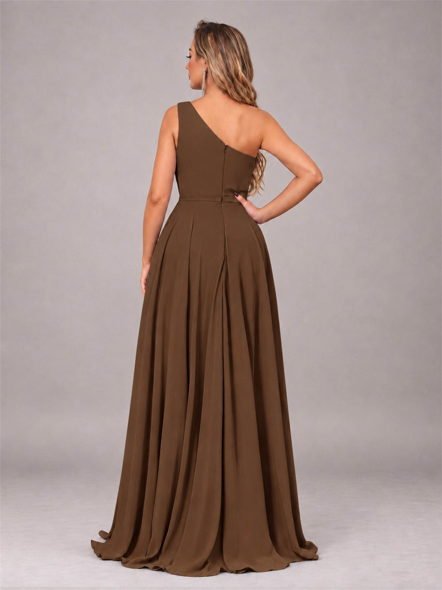 Brown Modern One Shoulder Slit Chiffon Bridesmaid Dress with Pockets
