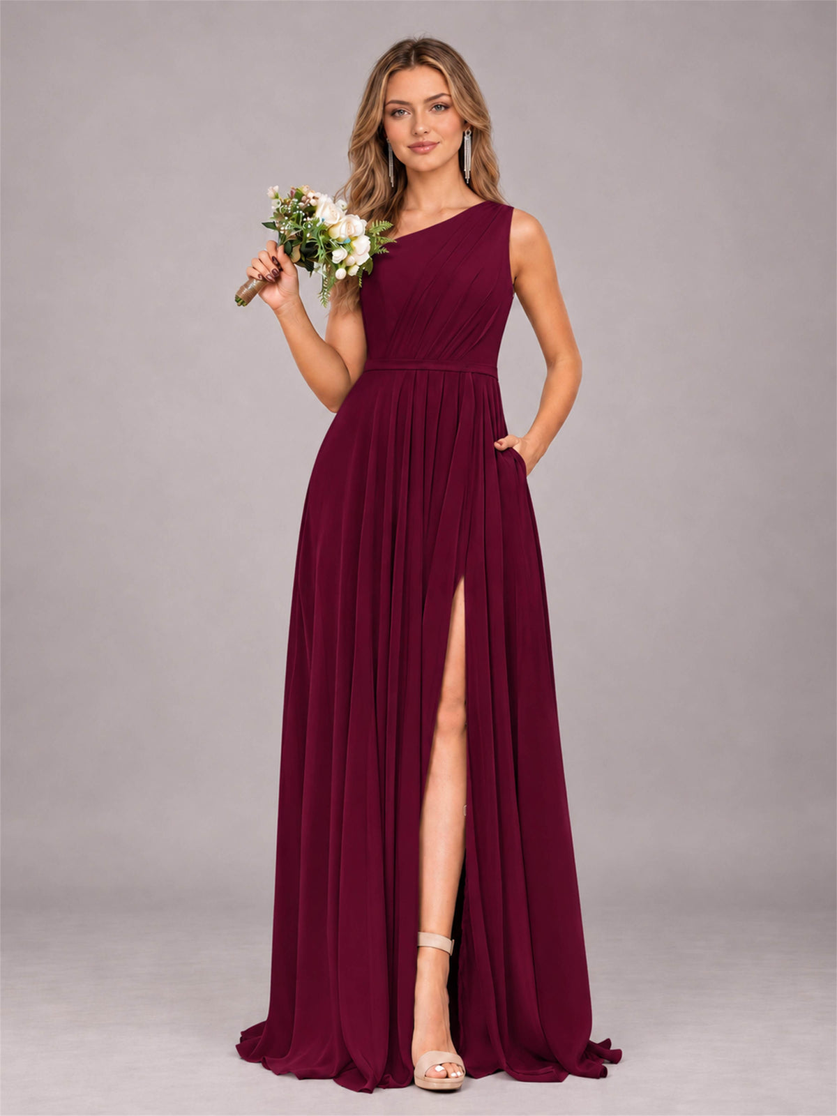 Burgundy Modern One Shoulder Slit Chiffon Bridesmaid Dress with Pockets