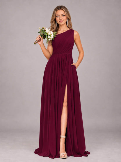 Burgundy Modern One Shoulder Slit Chiffon Bridesmaid Dress with Pockets