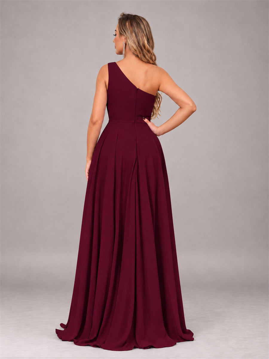 Burgundy Modern One Shoulder Slit Chiffon Bridesmaid Dress with Pockets