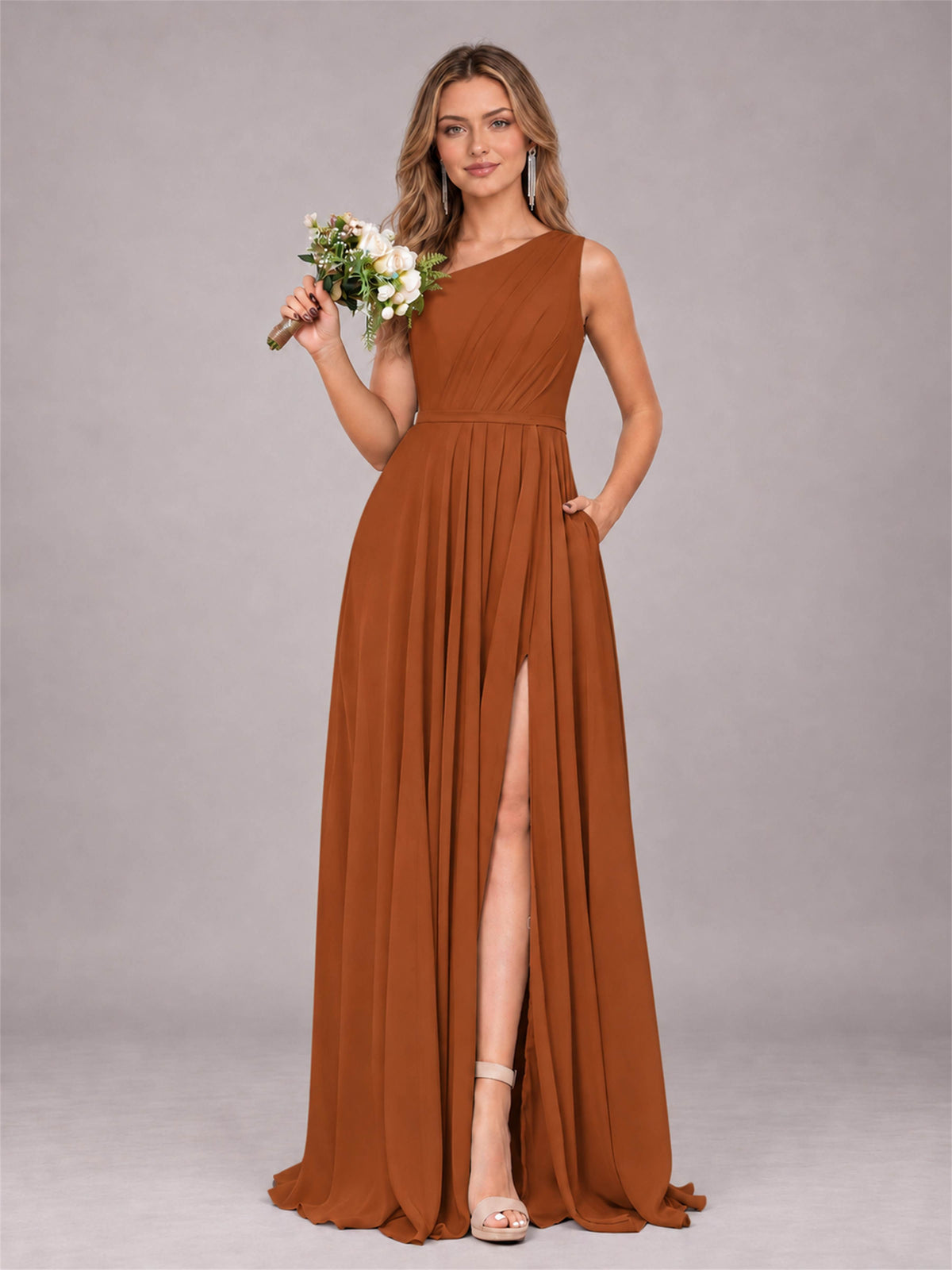 Burnt Orange Modern One Shoulder Slit Chiffon Bridesmaid Dress with Pockets