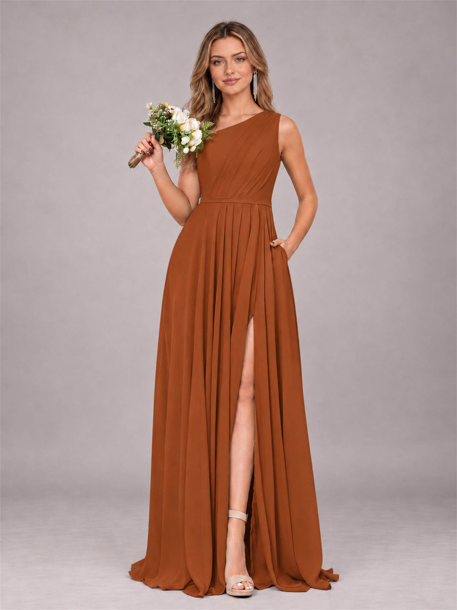 Burnt Orange Modern One Shoulder Slit Chiffon Bridesmaid Dress with Pockets