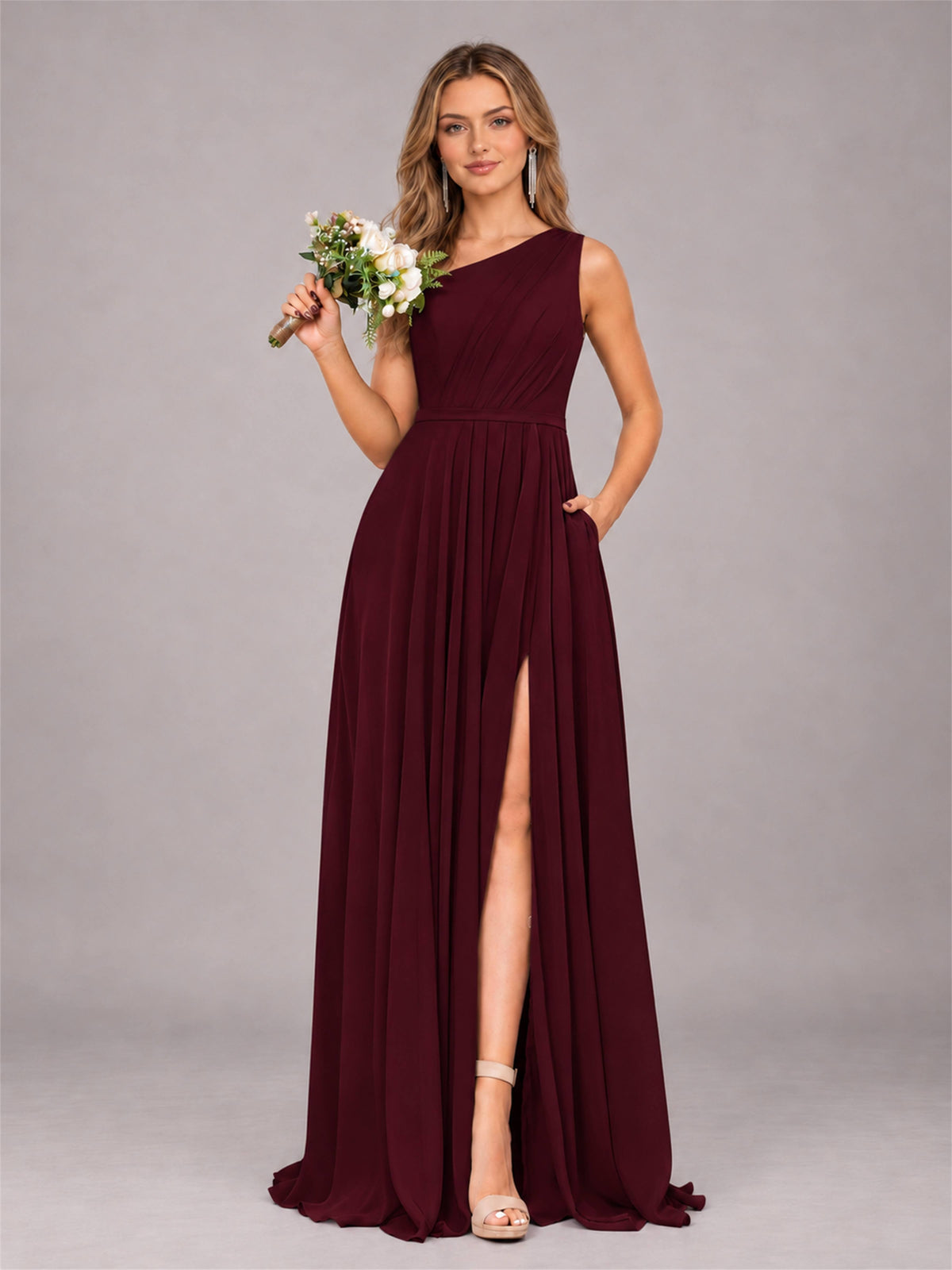 Cabernet Modern One Shoulder Slit Chiffon Bridesmaid Dress with Pockets