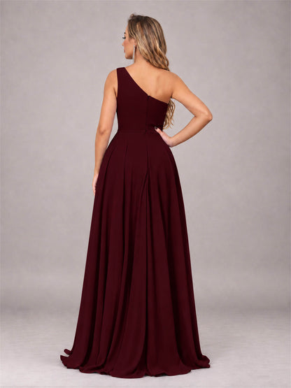 Cabernet Modern One Shoulder Slit Chiffon Bridesmaid Dress with Pockets