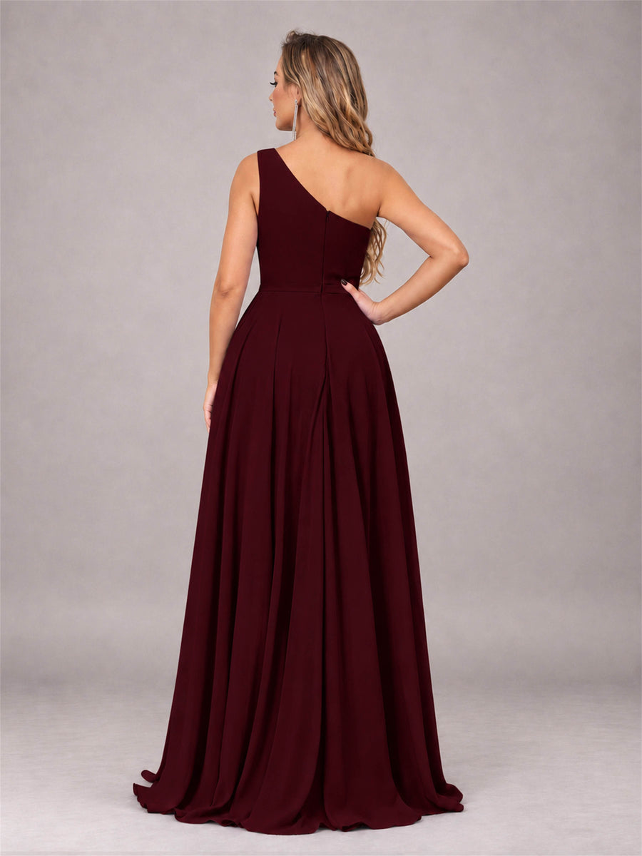 Cabernet Modern One Shoulder Slit Chiffon Bridesmaid Dress with Pockets