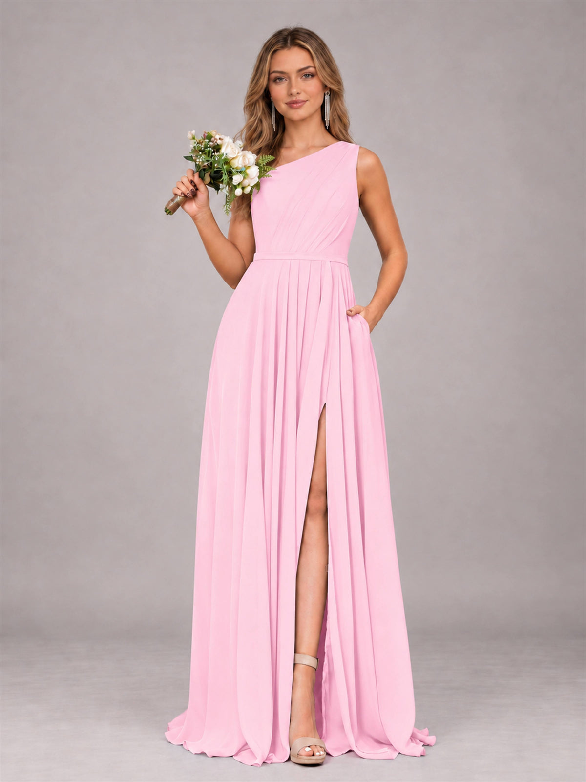 Candy Pink Modern One Shoulder Slit Chiffon Bridesmaid Dress with Pockets