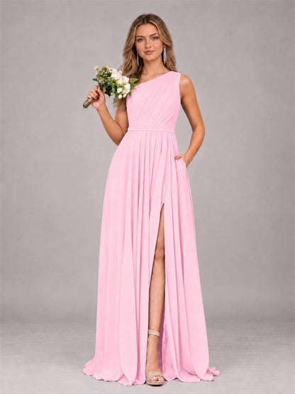 Candy Pink Modern One Shoulder Slit Chiffon Bridesmaid Dress with Pockets
