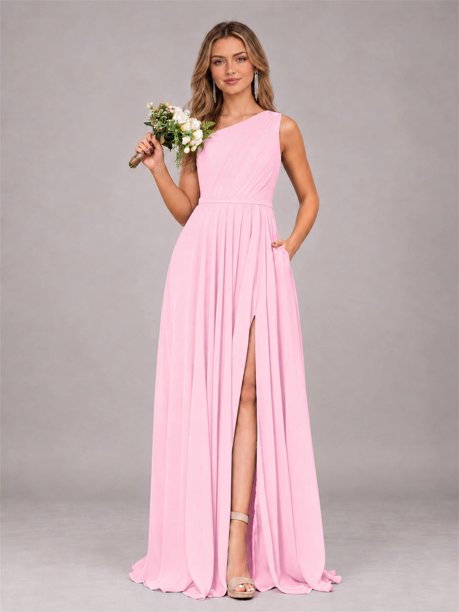 Candy Pink Modern One Shoulder Slit Chiffon Bridesmaid Dress with Pockets