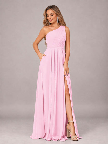Candy Pink Modern One Shoulder Slit Chiffon Bridesmaid Dress with Pockets