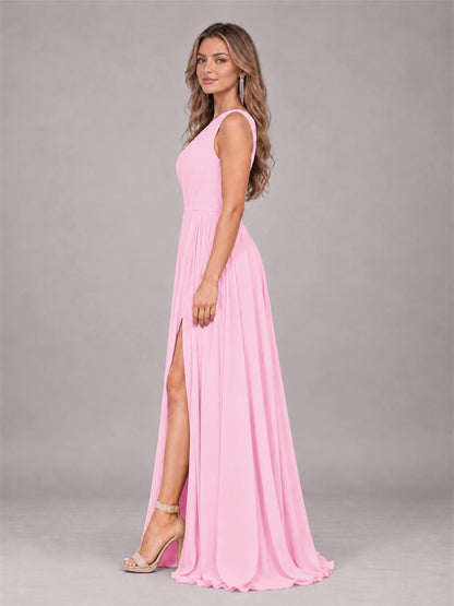 Candy Pink Modern One Shoulder Slit Chiffon Bridesmaid Dress with Pockets