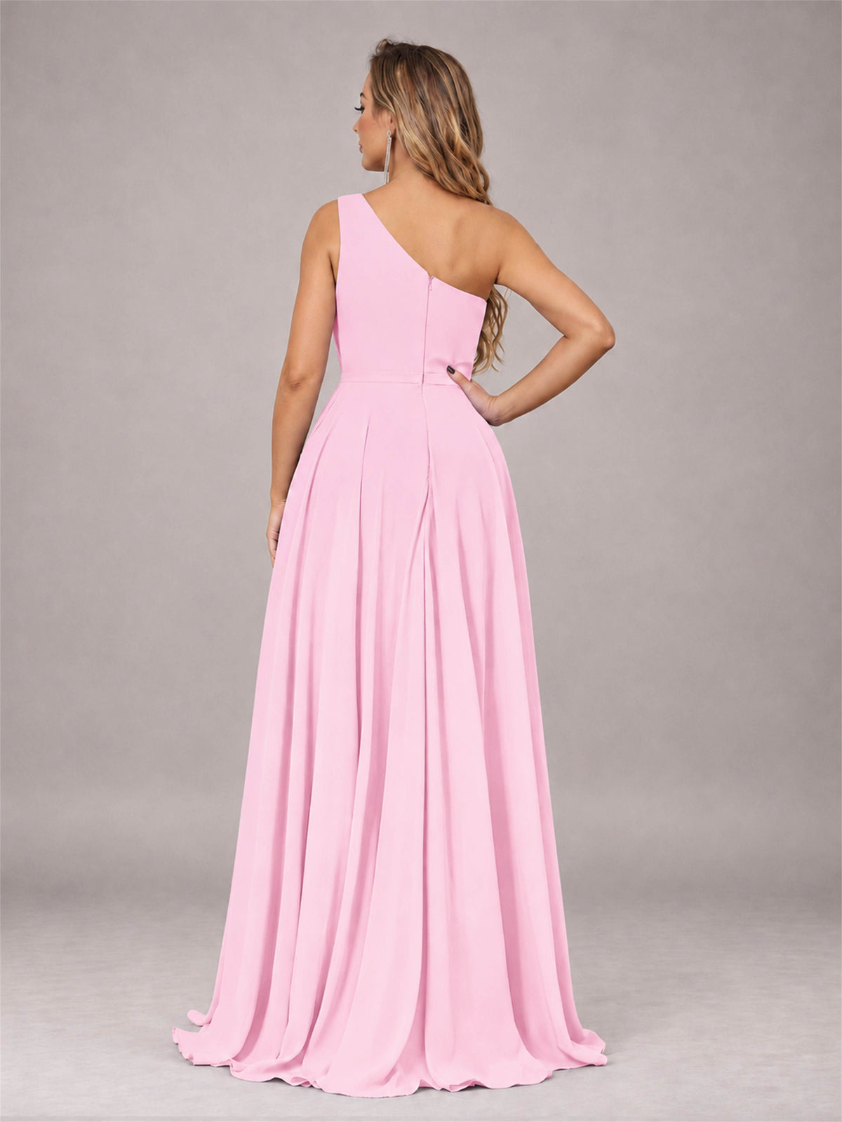 Candy Pink Modern One Shoulder Slit Chiffon Bridesmaid Dress with Pockets