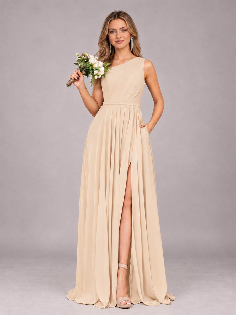 Champagne Modern One Shoulder Slit Chiffon Bridesmaid Dress with Pockets