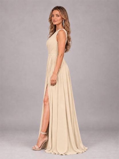 Champagne Modern One Shoulder Slit Chiffon Bridesmaid Dress with Pockets