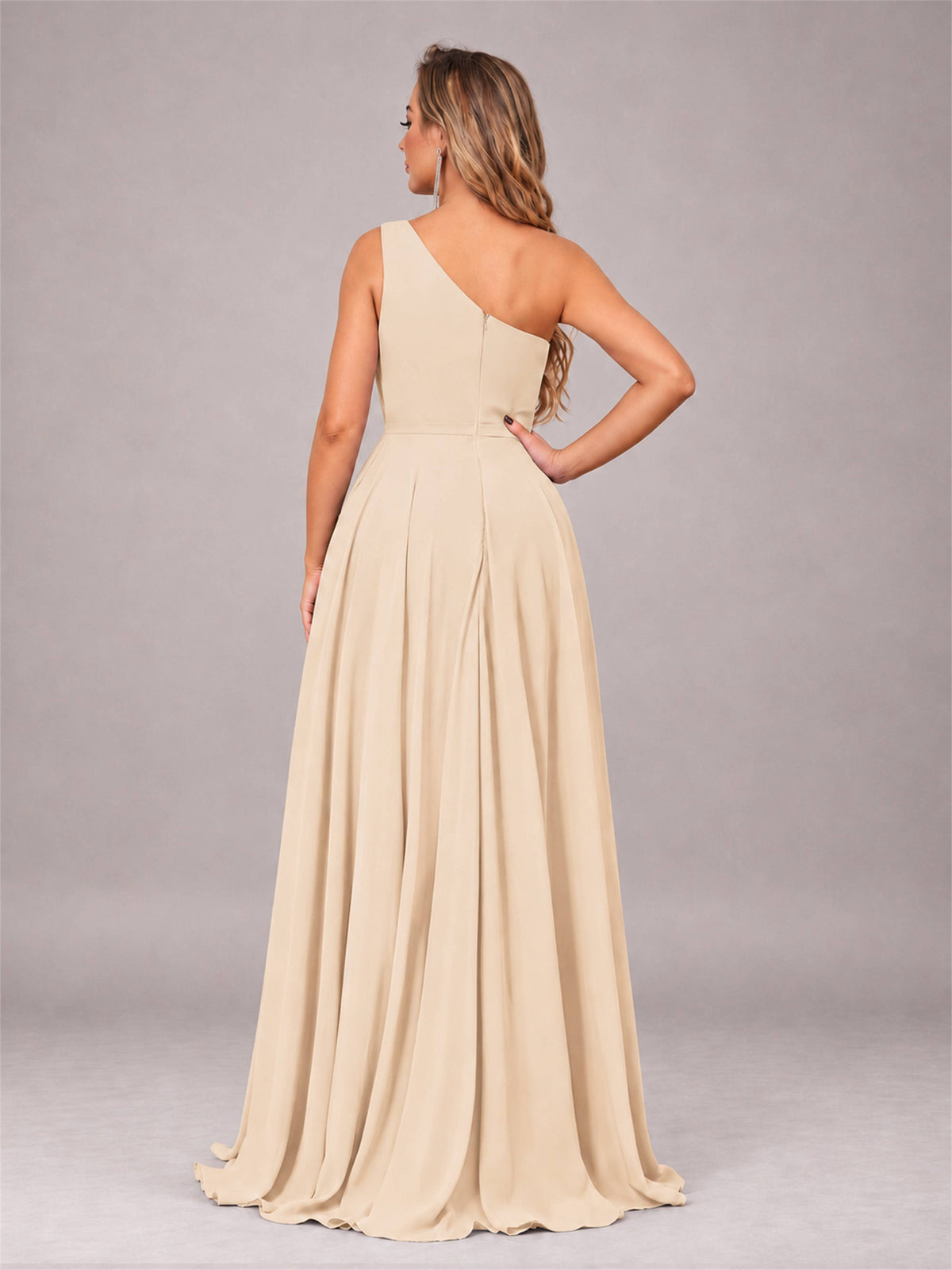 Champagne Modern One Shoulder Slit Chiffon Bridesmaid Dress with Pockets