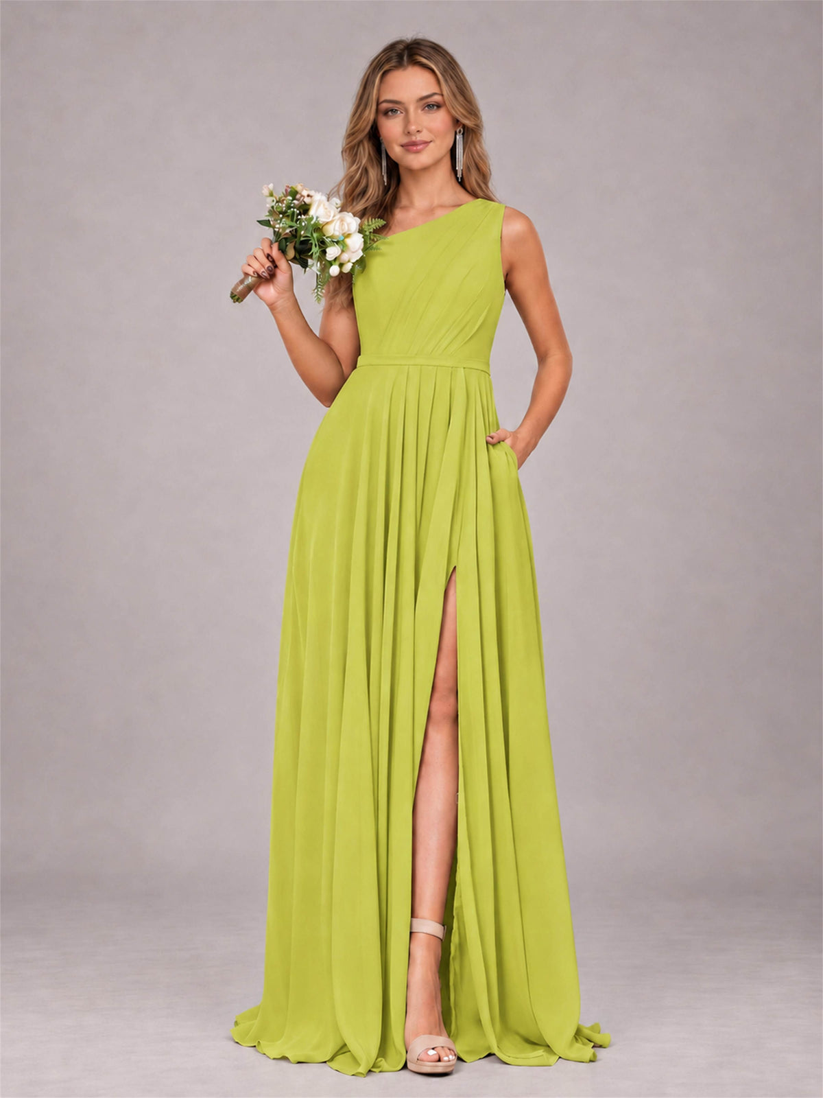 Chartreuse Modern One Shoulder Slit Chiffon Bridesmaid Dress with Pockets