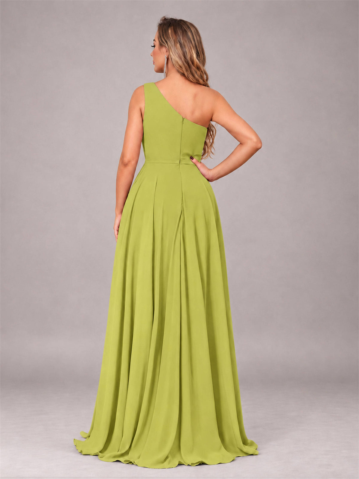 Chartreuse Modern One Shoulder Slit Chiffon Bridesmaid Dress with Pockets