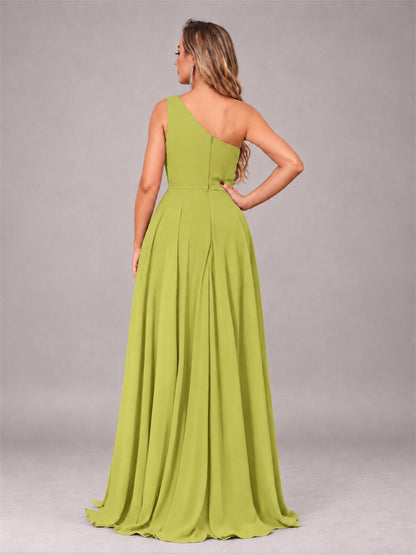 Chartreuse Modern One Shoulder Slit Chiffon Bridesmaid Dress with Pockets
