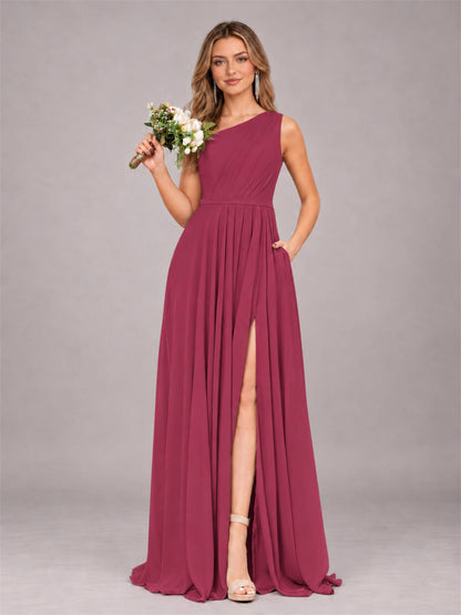 Cinnamon Rose Modern One Shoulder Slit Chiffon Bridesmaid Dress with Pockets
