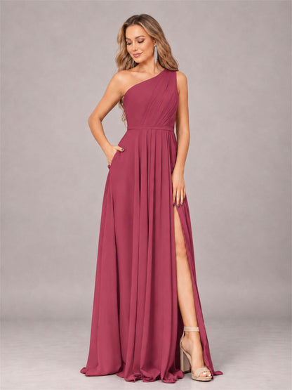 Cinnamon Rose Modern One Shoulder Slit Chiffon Bridesmaid Dress with Pockets
