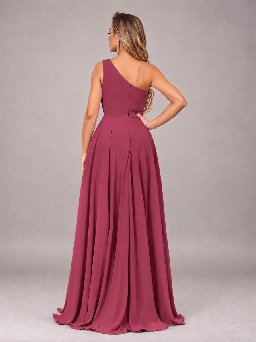 Cinnamon Rose Modern One Shoulder Slit Chiffon Bridesmaid Dress with Pockets