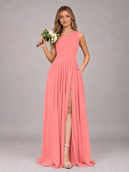 Coral Modern One Shoulder Slit Chiffon Bridesmaid Dress with Pockets