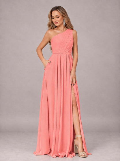 Coral Modern One Shoulder Slit Chiffon Bridesmaid Dress with Pockets