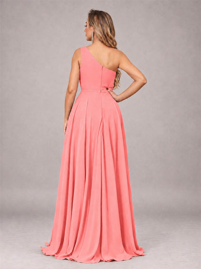 Coral Modern One Shoulder Slit Chiffon Bridesmaid Dress with Pockets