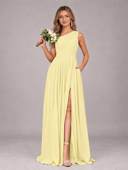 Daffodil Modern One Shoulder Slit Chiffon Bridesmaid Dress with Pockets