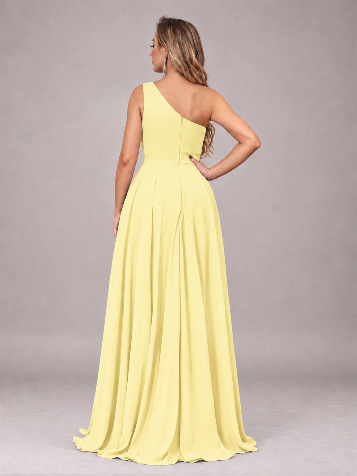 Daffodil Modern One Shoulder Slit Chiffon Bridesmaid Dress with Pockets