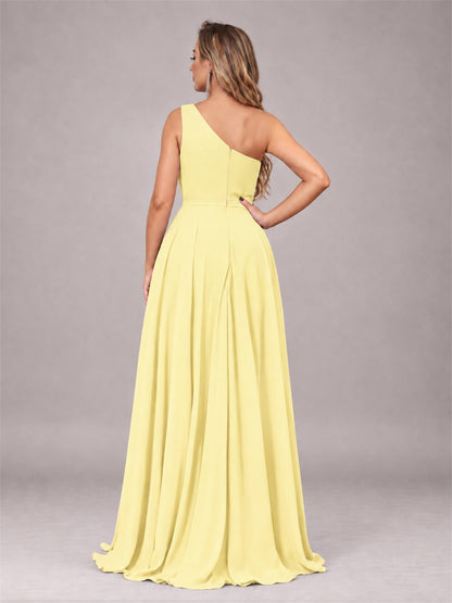 Daffodil Modern One Shoulder Slit Chiffon Bridesmaid Dress with Pockets
