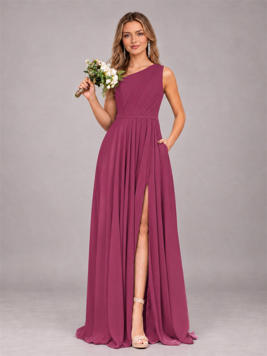 Desert Rose Modern One Shoulder Slit Chiffon Bridesmaid Dress with Pockets