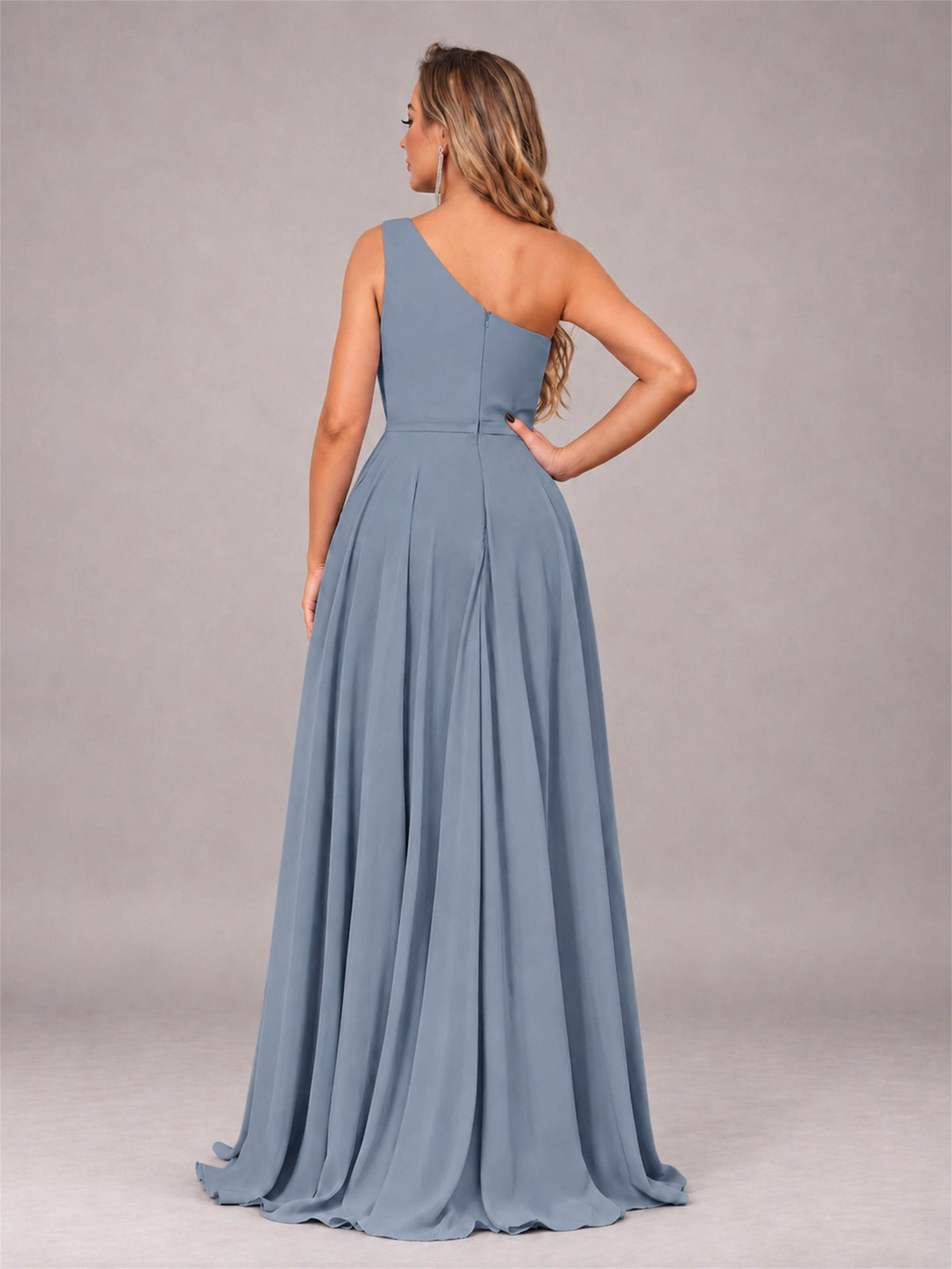 Dusty Blue Modern One Shoulder Slit Chiffon Bridesmaid Dress with Pockets
