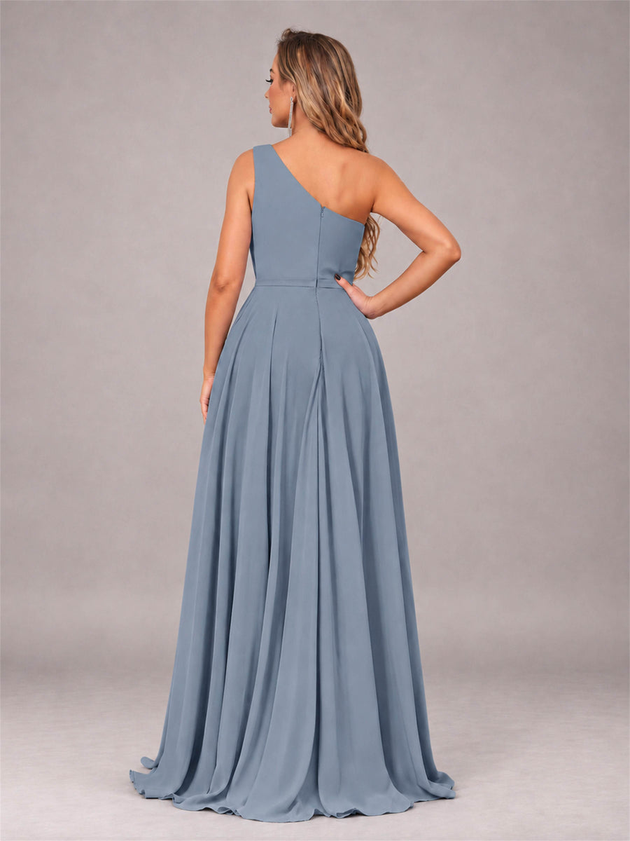 Dusty Blue Modern One Shoulder Slit Chiffon Bridesmaid Dress with Pockets