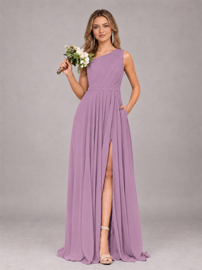 Dusty Purple Modern One Shoulder Slit Chiffon Bridesmaid Dress with Pockets