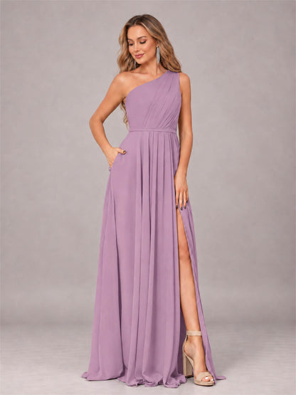 Dusty Purple Modern One Shoulder Slit Chiffon Bridesmaid Dress with Pockets