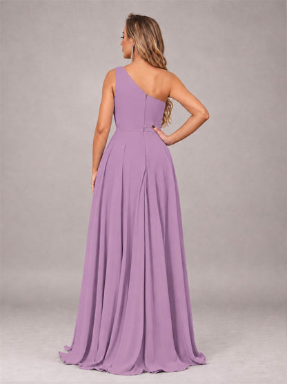 Dusty Purple Modern One Shoulder Slit Chiffon Bridesmaid Dress with Pockets